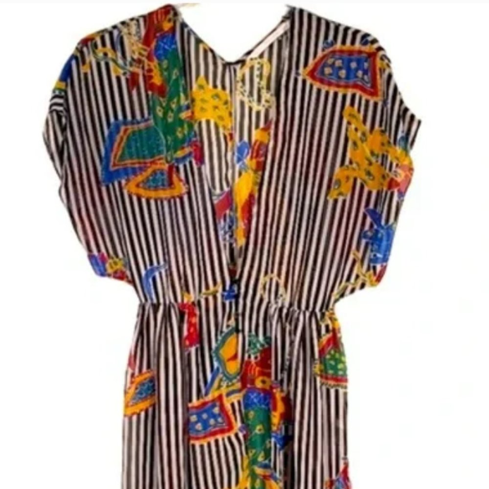 Zara Kimono Style Striped Floral Sheer Midi Dress
